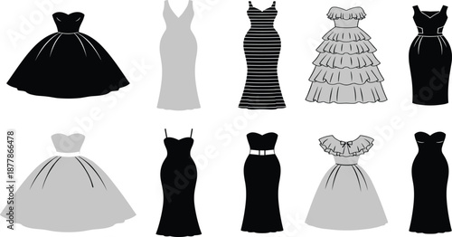 Vector collection of elegant female dress silhouettes including wedding gowns, evening dresses, cocktail attire, and formal fashion styles for women