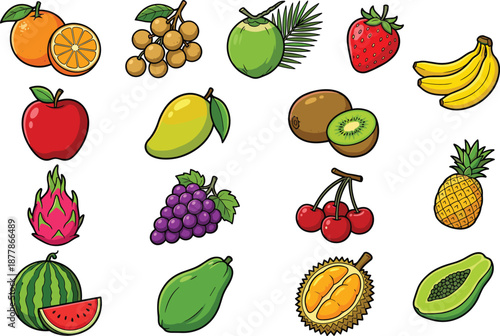 Colorful fruit illustration grid, tropical and common fruits, orange coconut strawberry banana apple mango kiwi pineapple grapes watermelon, flat vector illustration