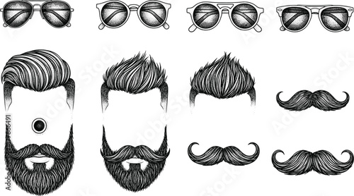 Hand Drawn Beard, Mustache, Hairstyle, and Sunglasses Illustration Set with Vintage Male Grooming Elements for Barbershop Vector Designs