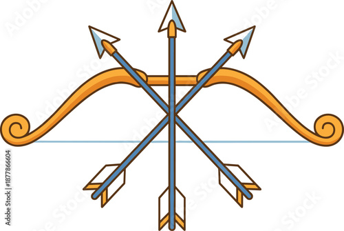 Decorative bow with arrows, crossed arrow design, spiral ends, vibrant colors, symmetrical emblem, tribal style, dynamic composition, flat vector illustration