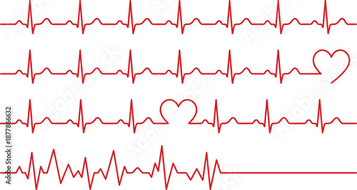 Heartbeat electrocardiogram line illustrations with red heart icons, medical cardiology rhythm graphic for healthcare, wellness, monitoring, diagnostics, love and valentines themed design.