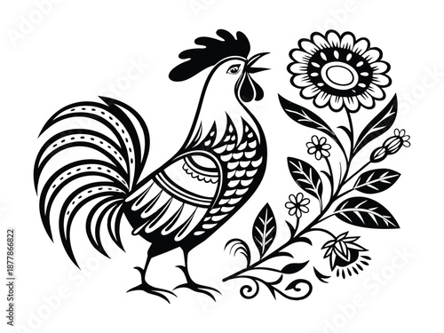 Traditional Folk Art Rooster Illustration with Flowers