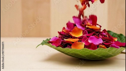 Scattered Rose Petals Fall Into Green Leaf Bowl Soft Focus Warm Lighting Romantic Atmosphere Gentle Pouring Motion