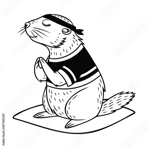 Cartoon Marmot Practicing Yoga Meditation Black and White Vector