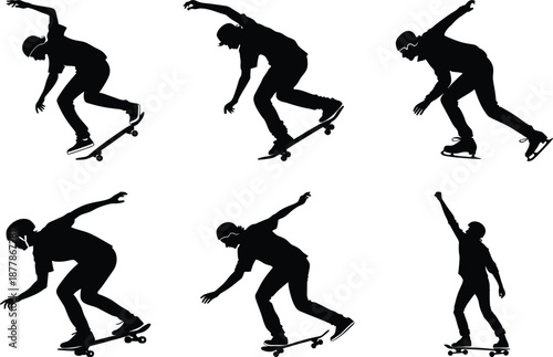 Set of Skateboarder Silhouettes Performing Tricks Vector Illustration