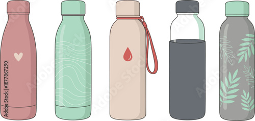 Stylish reusable water bottles in pastel colors with modern minimalist designs, eco-friendly hydration containers for lifestyle branding, sustainability, fitness, travel, and everyday use.