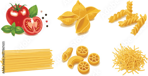 Italian Pasta Types Vector Illustration Set with Spaghetti, Fusilli, Shells, Short Pasta, and Fresh Tomato Ingredients for Cooking, Packaging, and Food Designs