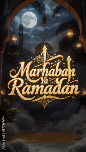 Wallpaper Mural Marhaban Ya Ramadan Greeting Card with Full Moon and Glowing Lanterns
 Torontodigital.ca