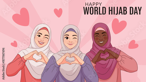Diverse Muslim Women in Hijab Forming Hearts in Vibrant Colors with Soft Lighting for Social Media Campaign