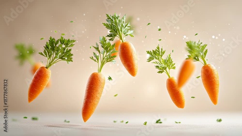 Floating carrots surrounded by golden sparkles in whimsical organic freshness