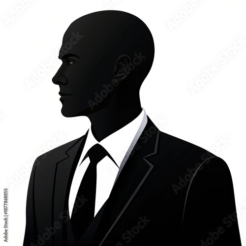 Silhouette of a man in a suit and tie, profile view, isolated on white background