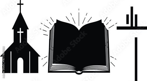 Set of Christian Silhouette Icons Featuring Church Holy Bible with Radiant Light and Modern Cross for Faith Design.