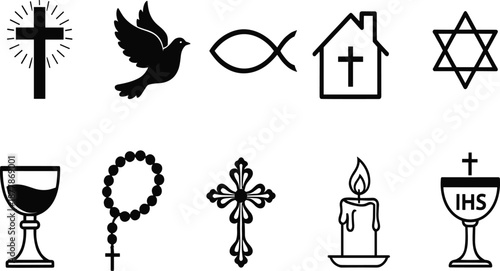 Set of Christian and Religious Silhouette Icons Featuring Cross Dove Rosary and Holy Communion Symbols for Faith Design.
