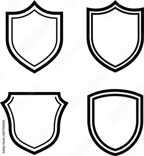 Four black and white shield emblems with distinct outlined borders