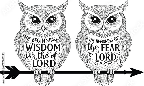 Intricate Hand-Drawn Owl Illustration with Spiritual Wisdom Typography and Decorative Arrow for T-shirt and Poster Design.