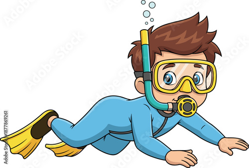 Scuba diver cartoon, underwater explorer, diving gear, snorkel mask, swim fins, ocean activity, aquatic sport, flat vector illustration
