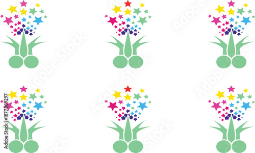 Set of Colorful Magical Star Trophy Icons Featuring Abstract Green Bases for Achievement and Celebration Pattern Design.