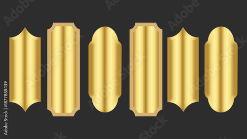 gold label banner, Blank golden nameplate plaque with decorative edges and screw holes.golden name plates. Different golden temples illustration. Empty metallic label for signage, awards, door signs