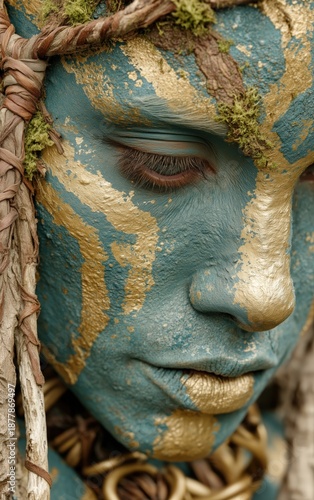 Close-up portrait of caucasian woman with closed eyes covered in blue and gold tribal paint on textured organic background Concept of spiritual connection and ancient rituals