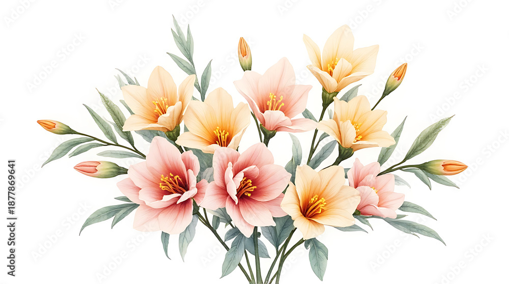 Obraz premium Watercolor Floral Bouquet with Peach and Pink Hibiscus Flowers