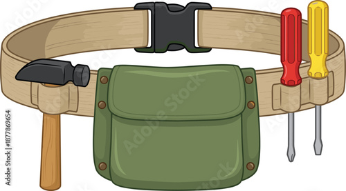 Tool belt with hammer and screwdrivers, construction equipment illustration, DIY repair tools, waist pouch design, handyman accessory, flat vector illustration
