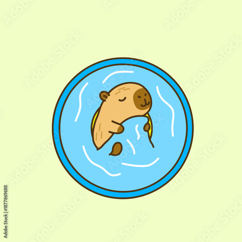 Sleeping Capybara Floating on Yellow Pool Ring and Pulls The Water As If Using it Like A Cozy Blanket Illustration