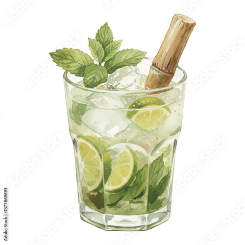Havana Club Mojito Watercolor Illustration, Classic Cuban Mint Lime Cocktail, Hand Painted Vector Isolated on White
