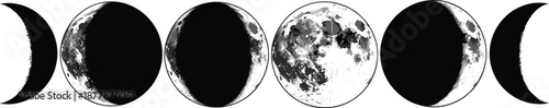 Moon Phases Sequence Illustration Showing Lunar Cycle from New Moon to Full Moon for Astronomy, Astrology, Calendars, and Night Sky Designs
