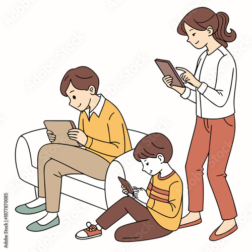 Family engaged with digital devices