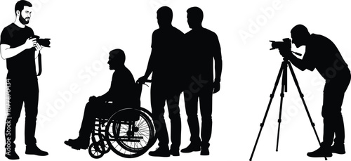 Inclusive photography studio scene with disabled man in wheelchair and photographers silhouettes vector illustration promoting accessibility teamwork diversity concept