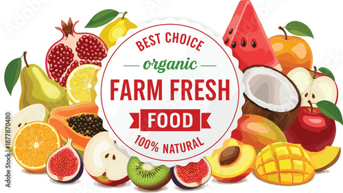 Organic Farm Fresh Food Label Vector Design with Colorful Fruits, Natural Ingredients, and Vintage Badge for Packaging, Branding, and Grocery Products