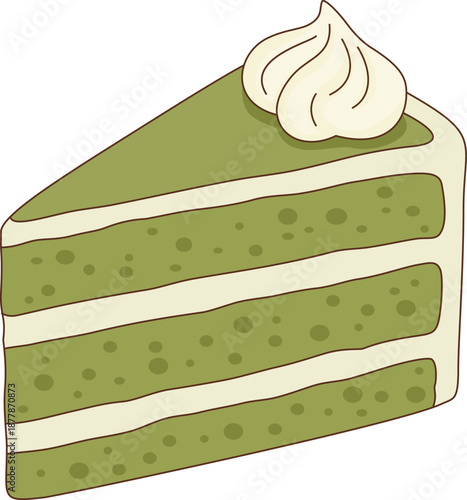 Minimalist Illustration of Matcha Green Tea Layer Cake Slice with Whipped Cream for Bakery and Cafe Menu Decor