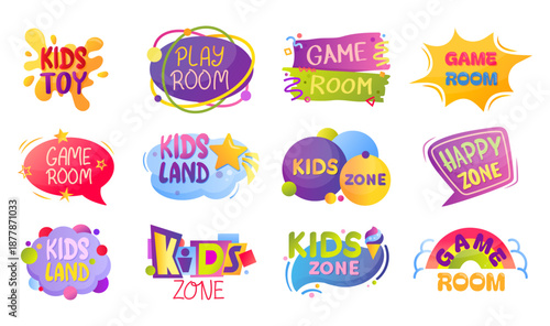 Kid party logo. Game zone label, children play banner or child sport sign. School text poster, fun bubble blot. Bright colorful design for playroom. Vector promotion playground illustration