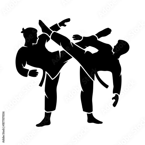 Martial Arts Fighting Silhouette Vector Illustration of Two Fighters in Dynamic Kick Pose Isolated on White Background