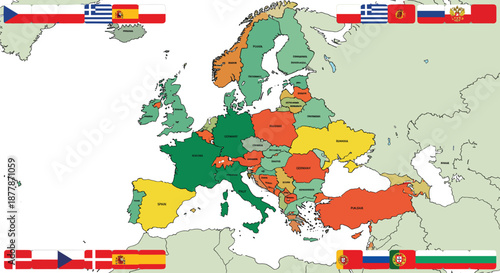 Political Map of Europe Vector Illustration with Country Borders, Flags, and Color Coded Nations for Education, Geography, Infographics, and Atlas Designs