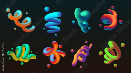 3d gradient shapes. Abstract liquid line lines, curve fluid swirl or dynamic spiral wave in motion. Creative trend decorative objects, flow blend design collection. Vector isolated elements