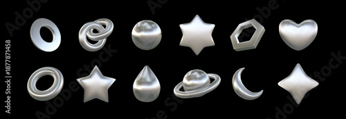 3D chrome figures. Y2K silver heart. Glossy bubble sphere with gradient graphic effect. Geometric cosmic form. Metallic star or planet. Quicksilver drop. Vector isolated render shapes set