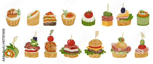 Food buffet. Canape party platter. Sandwich or meal on sticks as dish appetizer. Cheese burgers cooked on picnic. Sausage and vegetable. Salmon and cucumber roll. Vector snacks set