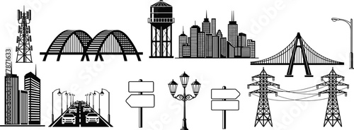 Black-and-white cartoon illustrations of urban infrastructure including towers, bridges, lamps, and buildings, ideal for city planning, architecture, and development visuals.