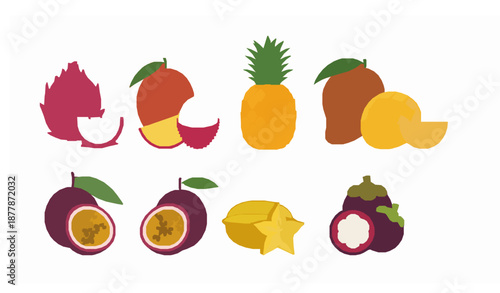 Exotic Tropical Fruits Flat Vector Set Isolated on White Background for Healthy Nutrition Design