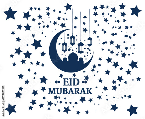Eid Mubarak trendy vector icon and logo design featuring modern Islamic symbols crescent moon calligraphy and festive elements for holiday branding and celebration graphics.