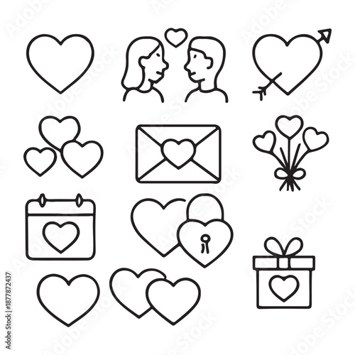 Romantic Love & Heart Shapes Line Art Icon Set – Valentine’s Day Vector
