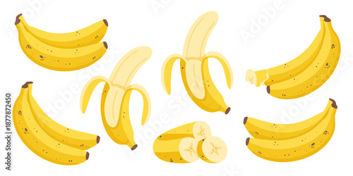 Collection of ripe bananas in various stages and poses