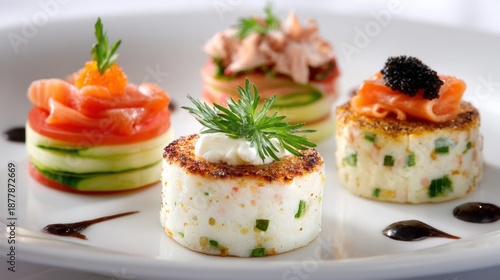 Four appetizers on a white plate. The food concept of gourmet cuisine.