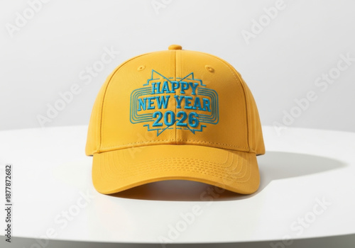 Stylish Cap with New Year 2026 Design on White Surface. Apparel for Celebration and Upcoming Events