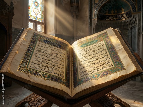 Holy Quran, Sacred Islamic Book of Islam, Religious Faith and Spirituality Concept for Muslim Worship, Education, Prayer and Cultural Heritage