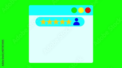 Animated five star rating interface with positive customer feedback flowing onto a digital screen graphic on transparent background, green screen and white background.