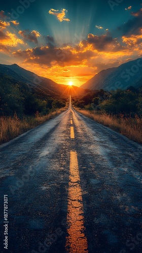 Open Road Leading Towards a Dramatic Sunset Over Mountains highway sunrise photo