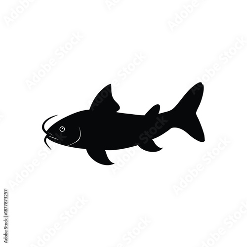 Detailed Black Silhouette of a Catfish Isolated on White Background for Fishing and Nature