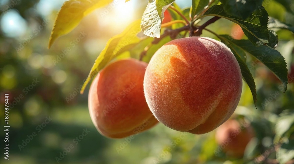 Obraz premium Fresh organic peaches and ripe red apples hang from a leafy branch in a sunny summer orchard during the harvest season